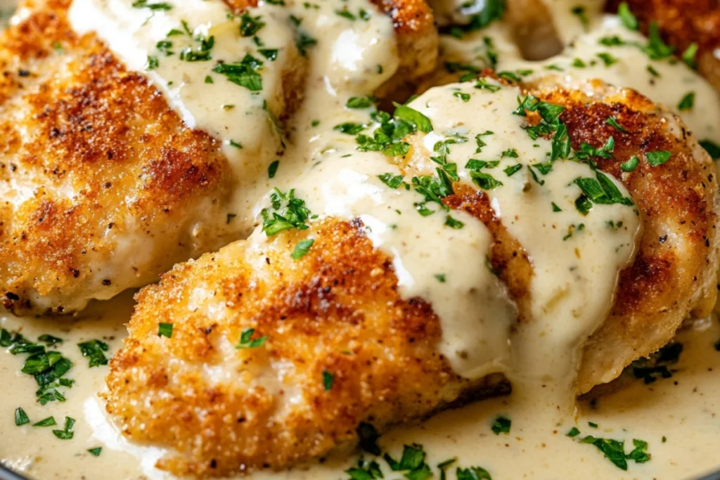 Parmesan Coated Chicken with Creamy Garlic Sauce