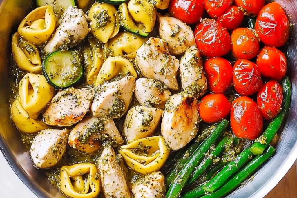 Delicious One-Pan Pesto Chicken Tortellini and Veggies