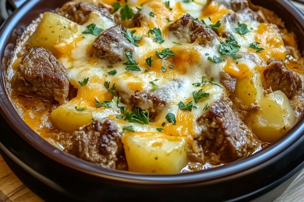 Delicious Slow Cooker Steak and Cheddar Potato Casserole